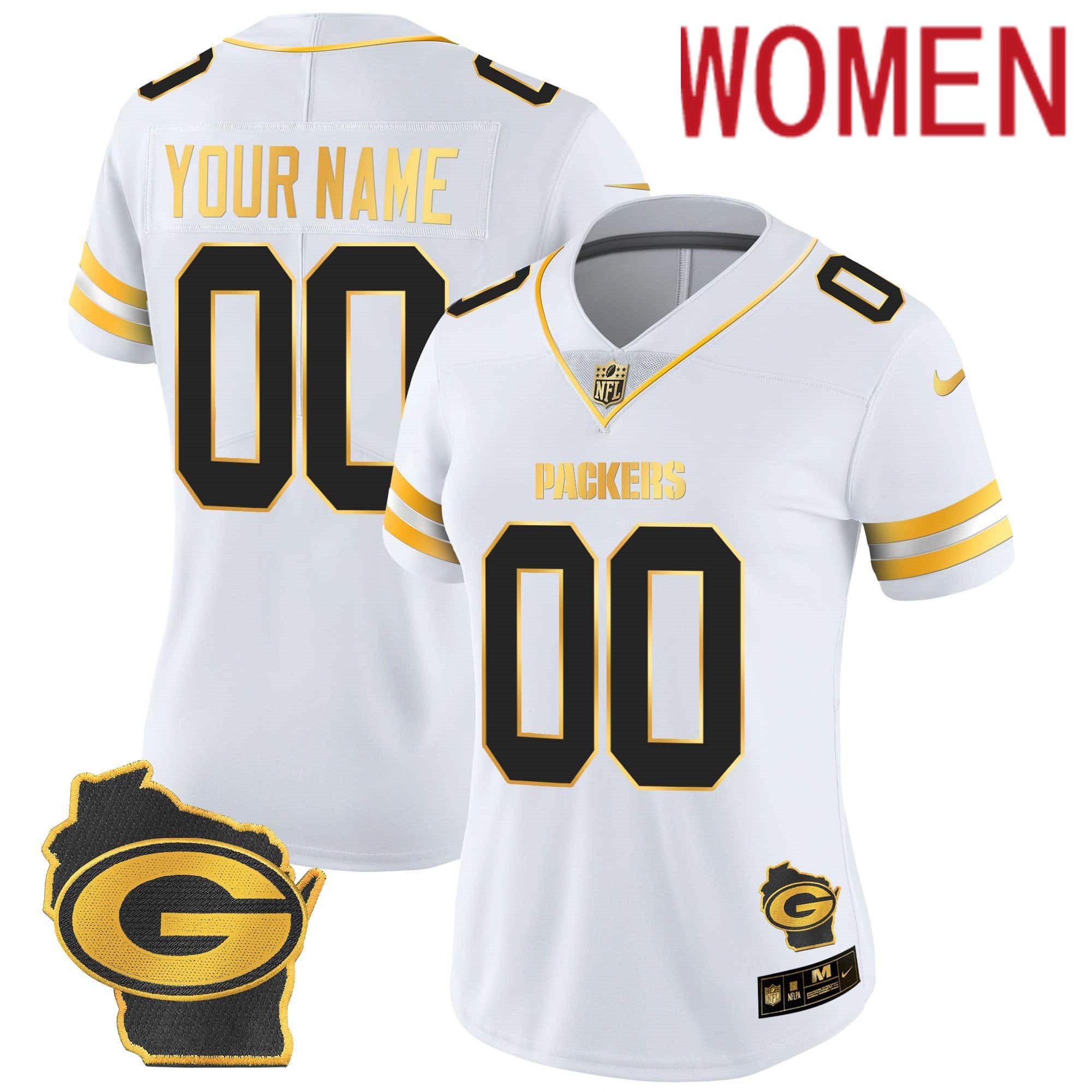 Women Green Bay Packers White Gold 2024 Nike Home Patch Vapor Custom NFL Jersey
